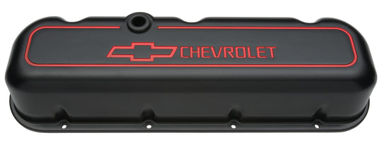 Engine Valve Covers Tall Style Die Cast Black with Bowtie Logo BB Chevy Recessed Red Chevrolet & Bowtie Logos Chevrolet Performance Parts Engine Valve Cover ProForm
