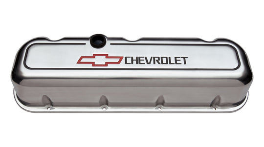 Engine Valve Covers Tall Style Die Cast Polished with Bowtie Logo BB Chevy Recessed Black Chevrolet & Red Bowtie Logos Chevrolet Performance Parts Engine Valve Cover ProForm   