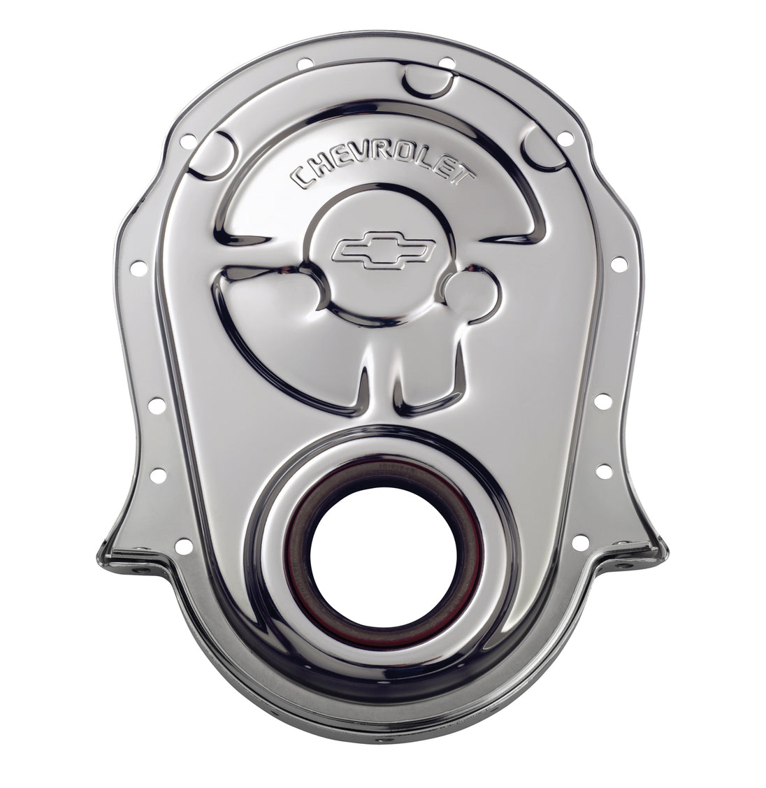 Engine Timing Chain Cover Chrome Steel w/ Chevy and Bowtie Logo For BB Chevy Chevrolet Performance Parts Engine Timing Cover ProForm