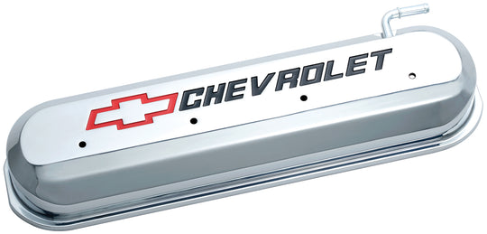 Engine Valve Covers Tall Style Die Cast Chrome with Bowtie Logo LS Engines Recessed Black Chevrolet & Red Bowtie Logos Chevrolet Performance Parts Engine Valve Cover ProForm