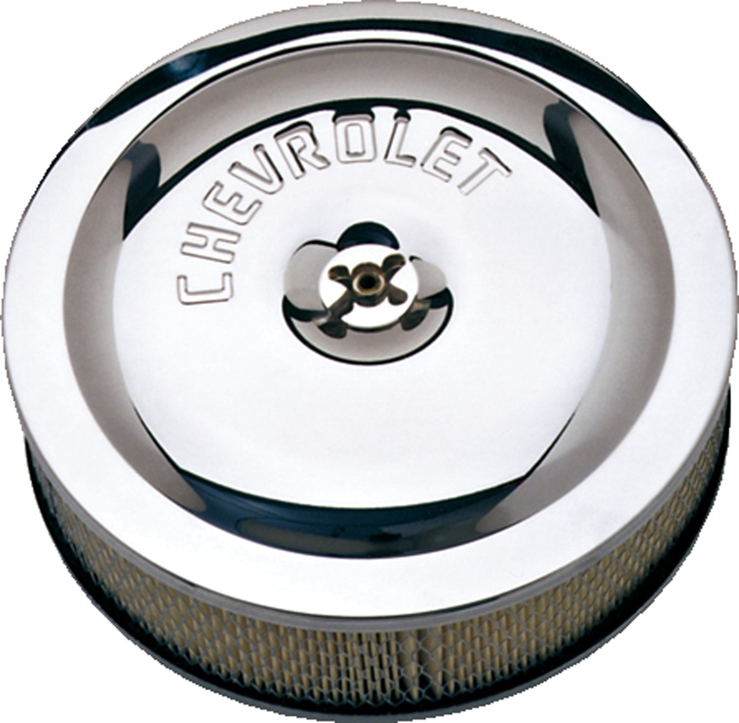 Air Cleaner Kit Chrome Embossed Chevy Logo 10 Inch Diameter W/Center Nut Chevrolet Performance Parts Air Cleaner Assembly ProForm   