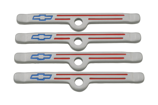 Engine Valve Cover Holdown Clamps Gray with Blue Bowtie Logo SB Chevy 4 Pcs Red Lines & Blue Bowties Chevrolet Performance Parts Engine Valve Cover Hold Down Tab ProForm