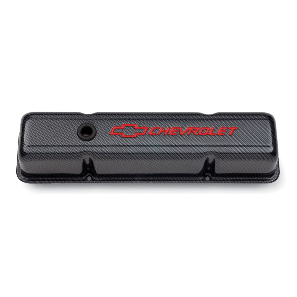 Engine Valve Covers Stamped Steel Tall Carbon w/ Bowtie Logo Fits SB Chevy Embossed Red Chevrolet & Bowtie Logos Chevrolet Performance Parts Engine Valve Cover ProForm   