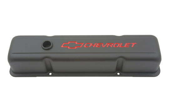 Engine Valve Covers Stamped Steel Tall Black w/ Bowtie Logo Fits SB Chevy Embossed Red Chevrolet & Bowtie Logos Chevrolet Performance Parts Engine Valve Cover ProForm   