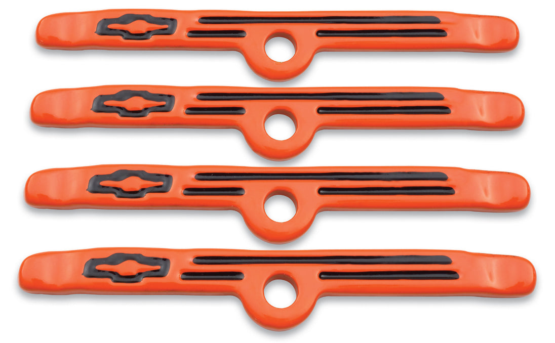 Engine Valve Cover Holdown Clamps Orange with Black Bowtie Logo SB Chevy 4 Pc Black Lines & Bowties Chevrolet Performance Parts Engine Valve Cover Hold Down Tab ProForm   