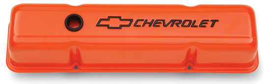Engine Valve Covers Stamped Steel Tall Orange w/ Bowtie Logo Fits SB Chevy Black Chevrolet & Bowtie Logos Chevrolet Performance Parts Engine Valve Cover ProForm
