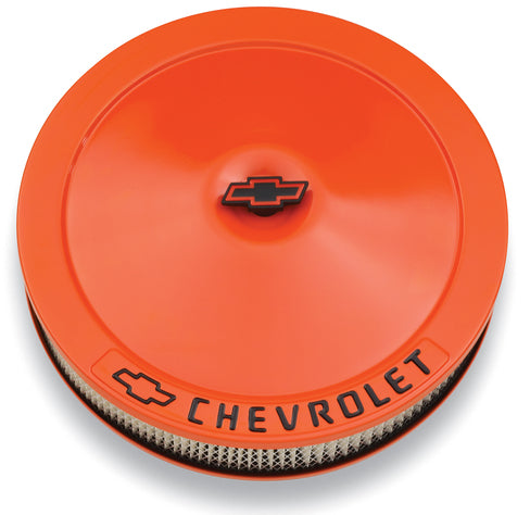 Engine Air Cleaner Kit 14 Inch Diameter Orange Chevy Black Lettering W/Bowtie Logo Chevrolet Performance Parts Air Cleaner Assembly ProForm   