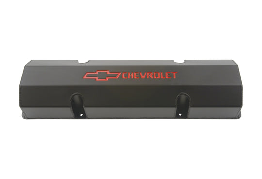 Engine Valve Covers Fabricated Aluminum Black with Bowtie Logo Fits SB Chevy Recessed Red Chevrolet & Bowtie Logos Chevrolet Performance Parts Engine Valve Cover ProForm