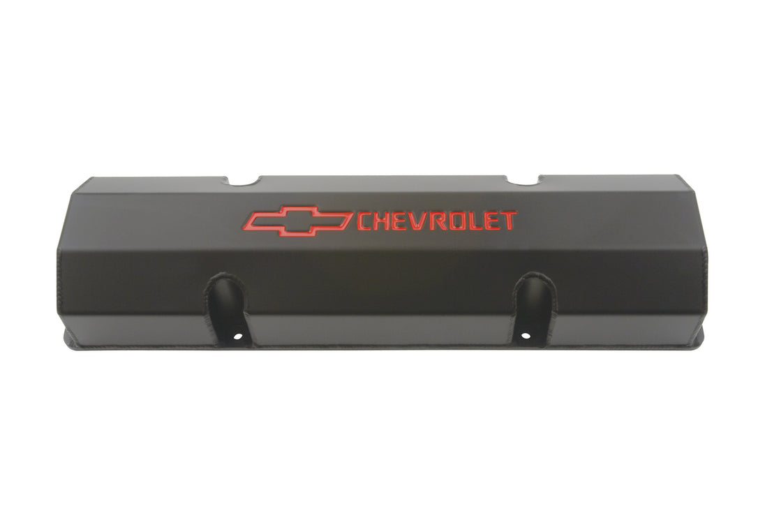 Engine Valve Covers Fabricated Aluminum Black with Bowtie Logo Fits SB Chevy Recessed Red Chevrolet & Bowtie Logos Chevrolet Performance Parts Engine Valve Cover ProForm   