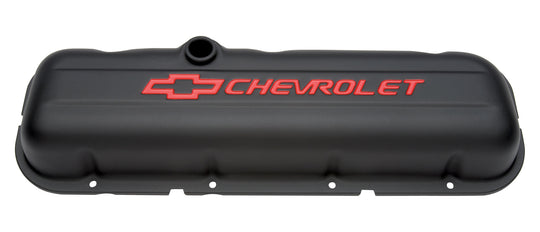 Engine Valve Covers Stamped Steel Short Black w/ Bowtie Logo Fits BB Chevy Embossed Red Chevrolet & Bowtie Logos Chevrolet Performance Parts Engine Valve Cover ProForm