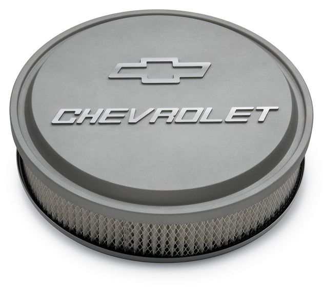 14 Inch Air Cleaner Kit Alunimum Gray Crinkle Raised Chevy and Bowtie Emblems Chevrolet Performance Parts Air Cleaner Assembly ProForm