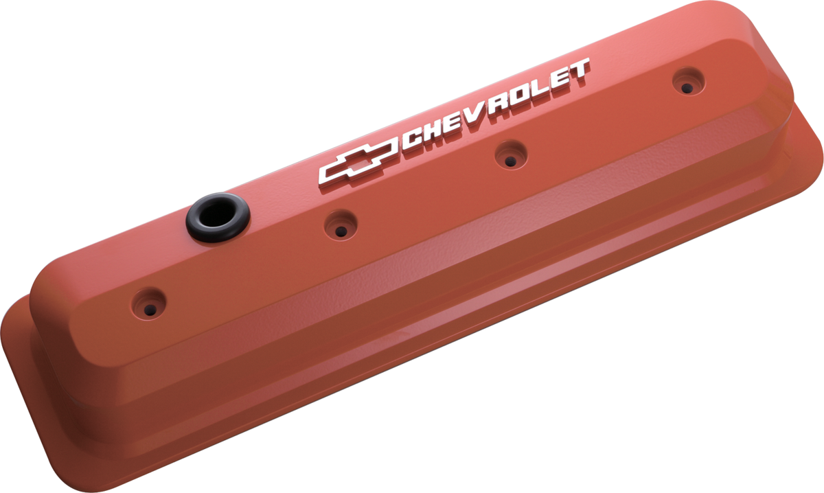 Valve Covers SBC 87-Pres LS Ctr Bolt Tall Alum Orange Raised Emblems Raised Chevrolet & Bowtie Logos Chevrolet Performance Parts Engine Valve Cover ProForm   