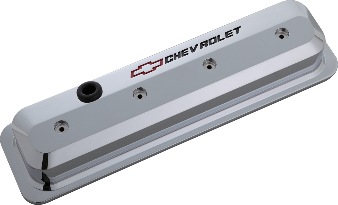Valve Covers SBC 87-Pres LS Ctr Bolt Tall Alum Chrome Recessed Emblems Recessed Black Chevrolet & Red Bowtie Logos Chevrolet Performance Parts Engine Valve Cover ProForm