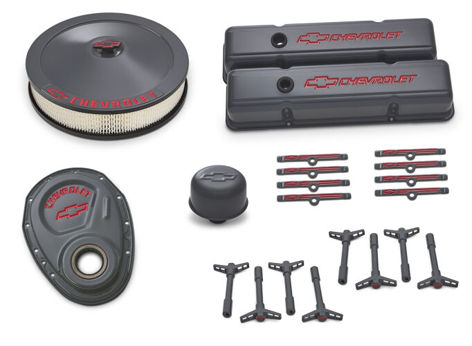 Engine Dress-Up Kit Shark Gray Red Emblems Fits SB Chevrolet Gen 1 V8 Engines Proform Engine Dress Up Kit ProForm   