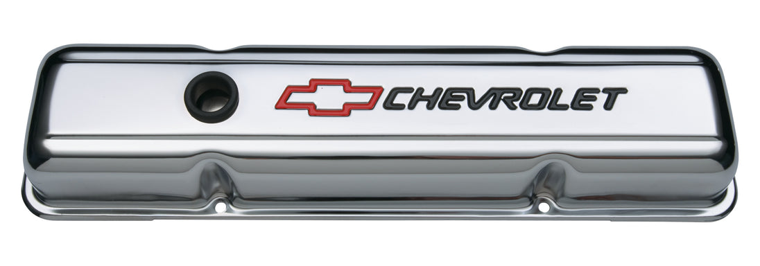 Engine Valve Covers Stamped Steel Short Chrome w/ Bowtie Logo Fits SB Chevy Embossed Black Chevrolet & Red Bowtie Logos Chevrolet Performance Parts Engine Valve Cover ProForm   