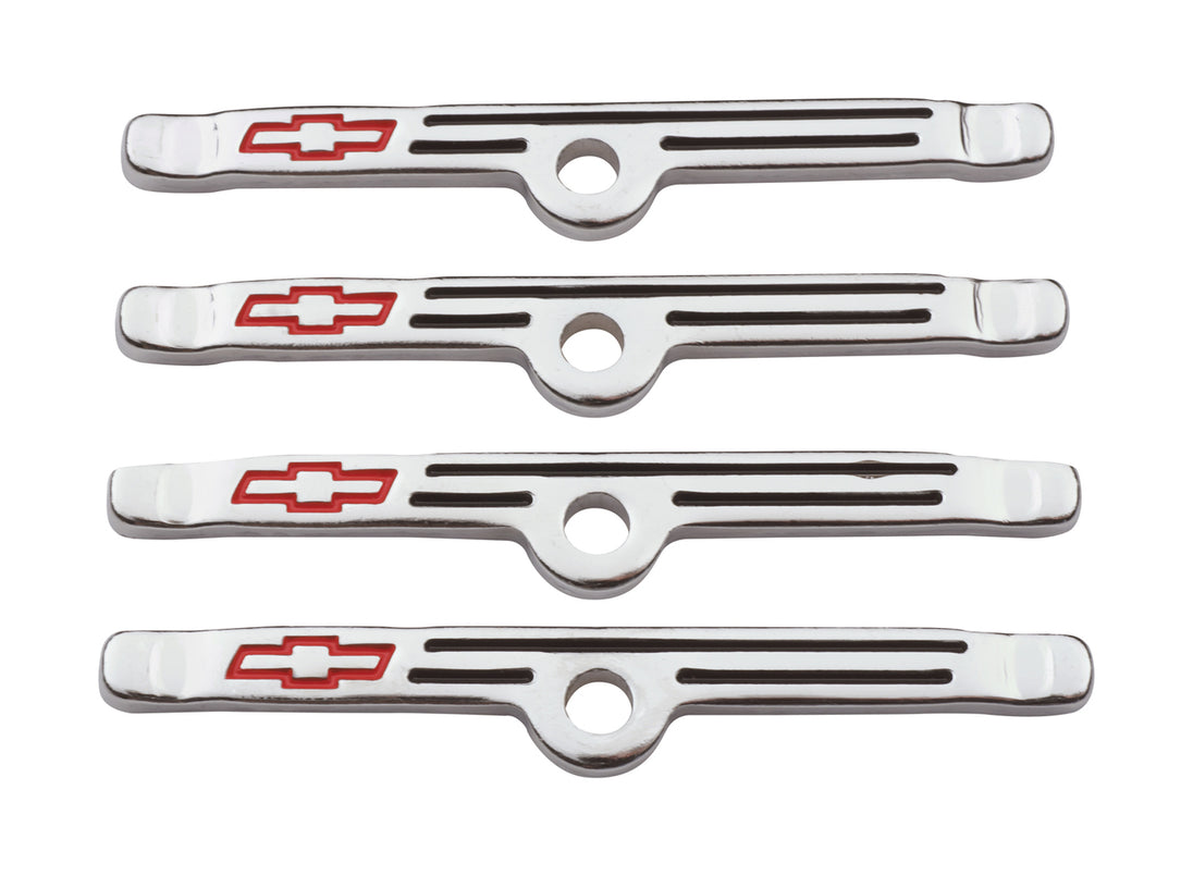 Engine Valve Cover Holdown Clamps Chrome with Red Bowtie Logo SB Chevy 4 Pcs Black Lines & Red Bowties Chevrolet Performance Parts Engine Valve Cover Hold Down Tab ProForm   