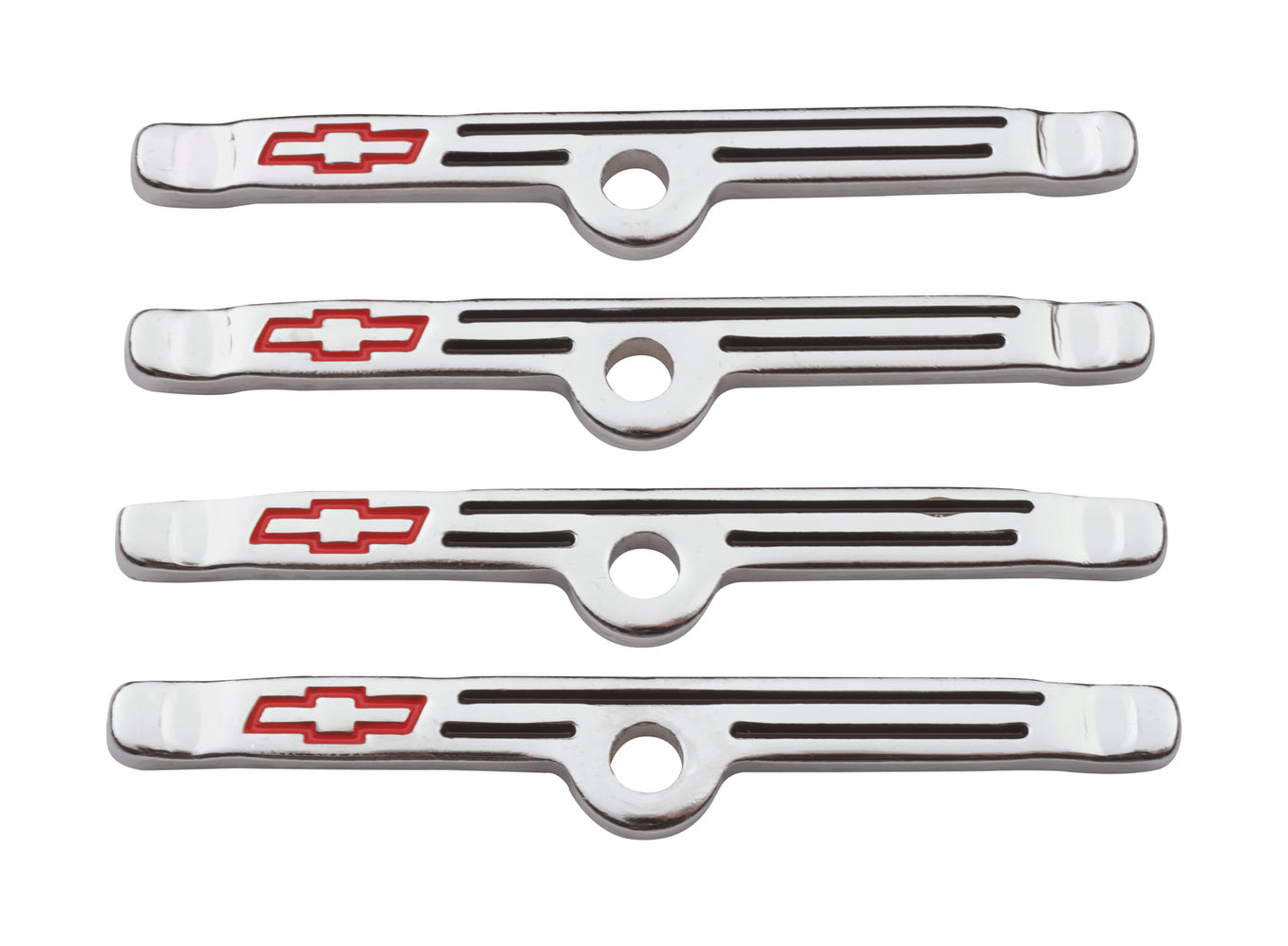 Engine Valve Cover Holdown Clamps Chrome with Red Bowtie Logo SB Chevy 4 Pcs Black Lines & Red Bowties Chevrolet Performance Parts Engine Valve Cover Hold Down Tab ProForm   