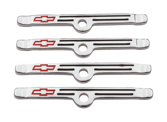 Engine Valve Cover Holdown Clamps Chrome with Red Bowtie Logo SB Chevy 4 Pcs Black Lines & Red Bowties Chevrolet Performance Parts Engine Valve Cover Hold Down Tab ProForm   