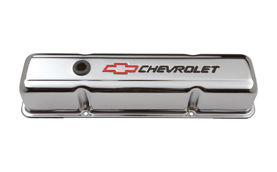 Engine Valve Covers Stamped Steel Tall Chrome w/ Bowtie Logo Fits SB Chevy Embossed Black Chevrolet & Red Bowtie Logos Chevrolet Performance Parts Engine Valve Cover ProForm