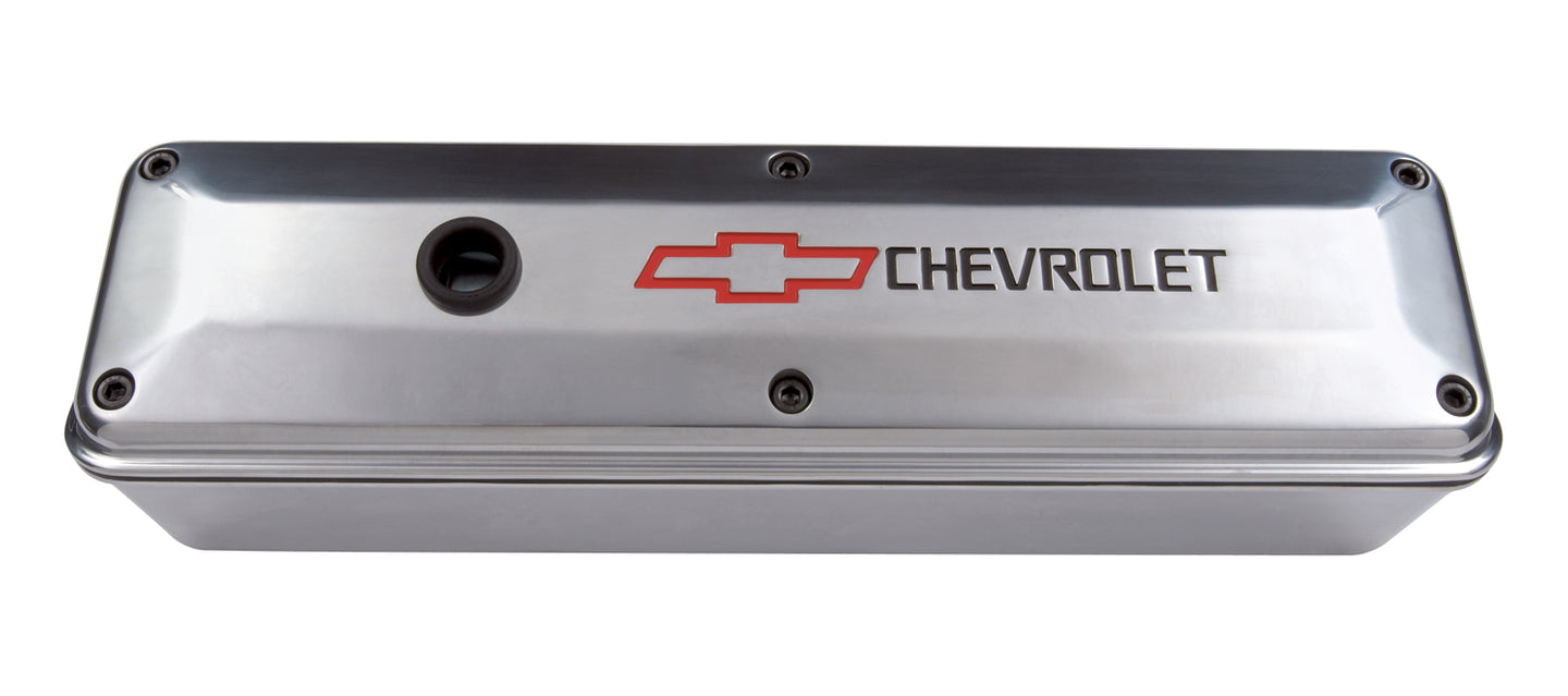 Engine Valve Cover 2 Piece Tall Style Die Cast Polish w/Bowtie Logo SB Chevy Recessed Black Chevrolet & Red Bowtie Logos Chevrolet Performance Parts Engine Valve Cover ProForm   