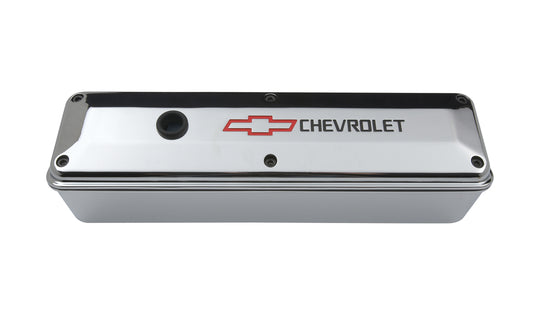 Engine Valve Covers 2 Piece Tall Style Die Cast Chrome w/Bowtie LogoSB Chevy Recessed Black Chevrolet & Red Bowtie Logos Chevrolet Performance Parts Engine Valve Cover ProForm