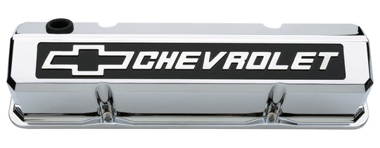 Valve Covers Slant Edge Tall Die Cast Chrome w/Raised Bowtie Logo SB Chevy Raised Chevrolet & Bowtie Logos Chevrolet Performance Parts Engine Valve Cover ProForm   