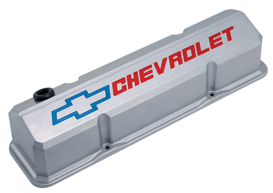 Valve Covers Slant Edge Tall Die Cast Gray w/Recessed Bowtie Logo SB Chevy Recessed Red Chevrolet & Blue Bowtie Logos Chevrolet Performance Parts Engine Valve Cover ProForm   