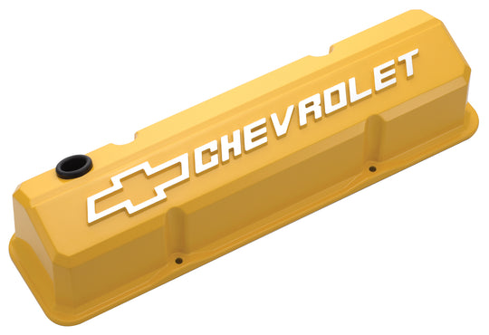 Valve Covers Slant Edge Tall Die Cast Yellow W/Raised Bowtie Logo SB Chevy Raised Chevrolet & Bowtie Logos Chevrolet Performance Parts Engine Valve Cover ProForm   