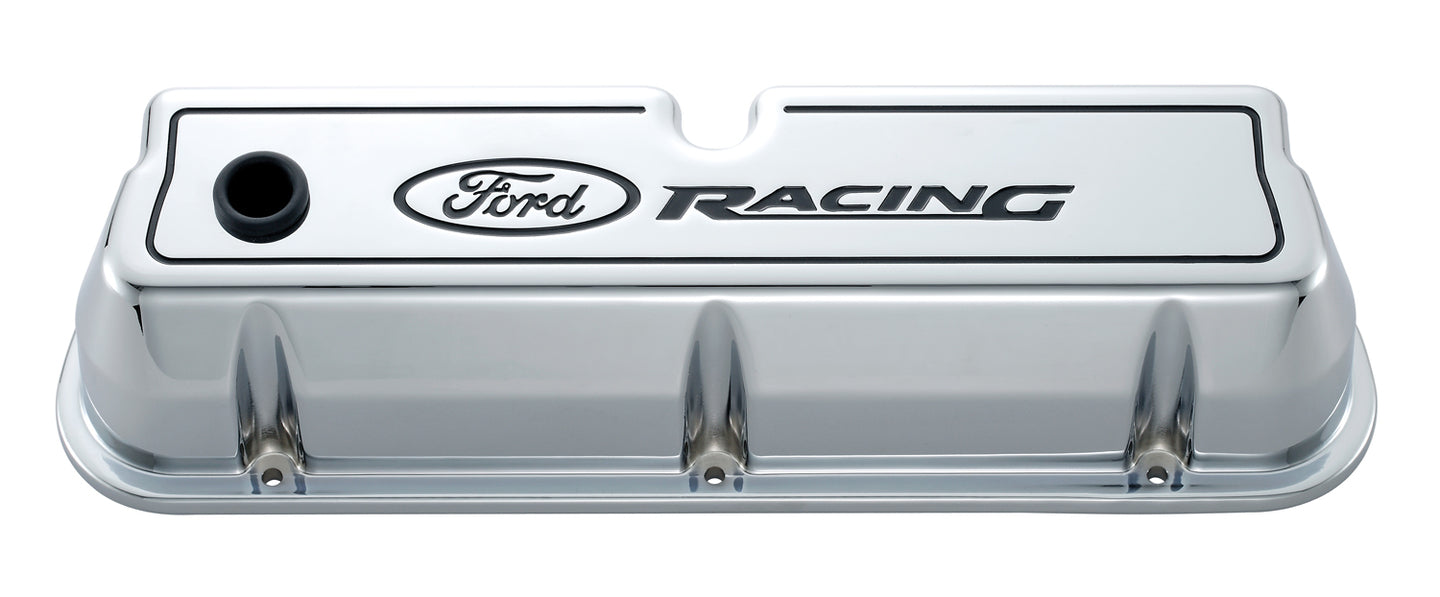 Engine Valve Covers Tall Style Die Cast Chrome with Ford Logo For SB Ford Recessed Black Ford Racing Logo Ford Racing Engine Valve Cover ProForm   