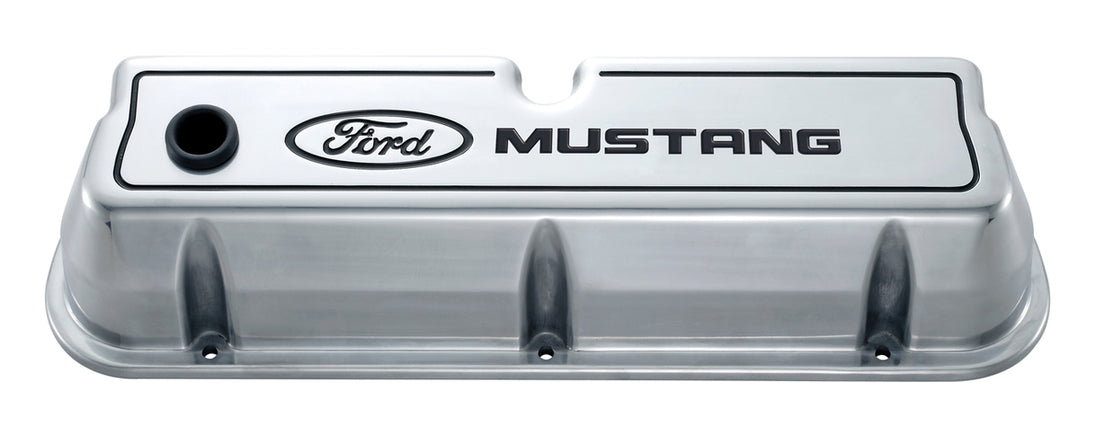 Engine Valve Covers Tall Style Die Cast Polished with Mustang Logo SB Ford Recessed Black Ford Mustang Logo Ford Racing Engine Valve Cover ProForm   