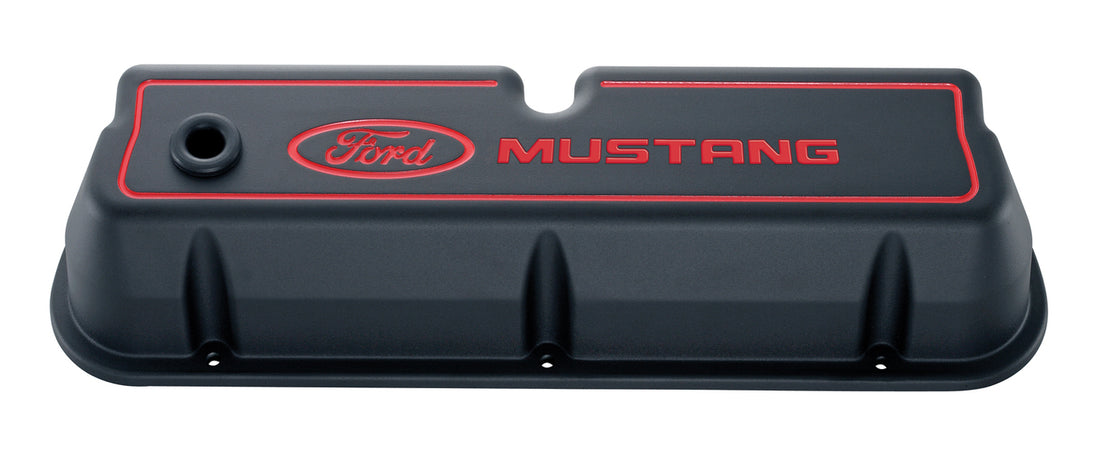 Engine Valve Covers Tall Alum Black Crinkle with Mustang Logo Ford SB Recessed Red Ford Mustang Logo Ford Racing Engine Valve Cover ProForm   