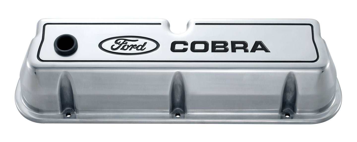 Engine Valve Covers Tall Style Die Cast Polished with Cobra Logo For SB Ford Recessed Black Ford COBRA Logo Ford Racing Engine Valve Cover ProForm   