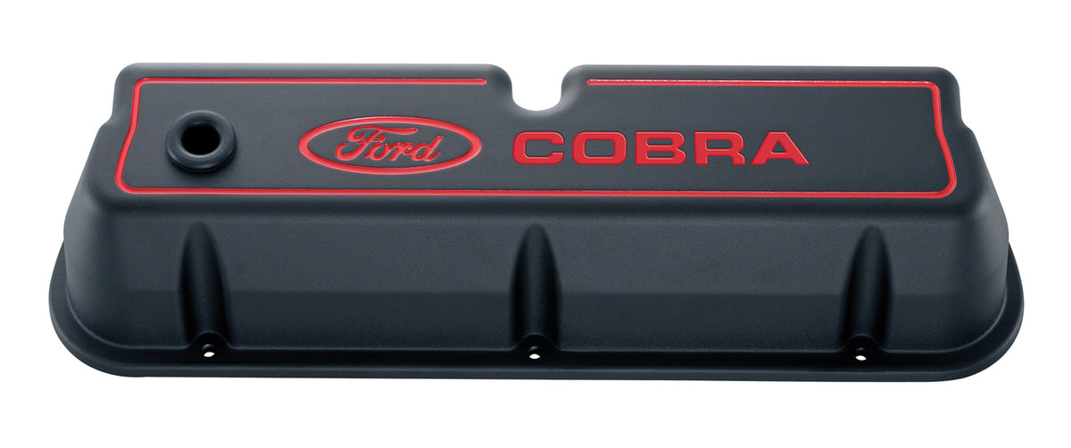 Engine Valve Covers Tall Style Die Cast Black with Cobra Logo For SB Ford Recessed Red Ford COBRA Logo Ford Racing Engine Valve Cover ProForm   