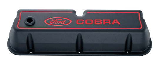 Engine Valve Covers Tall Style Die Cast Black with Cobra Logo For SB Ford Recessed Red Ford COBRA Logo Ford Racing Engine Valve Cover ProForm   