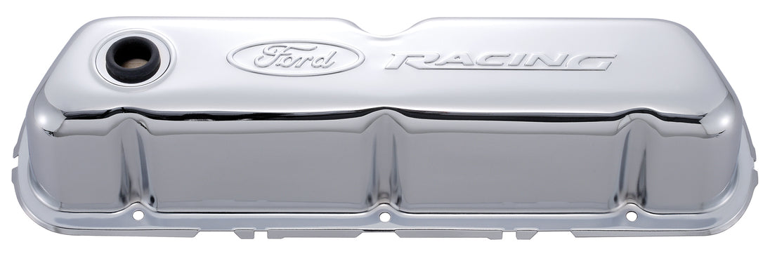 Engine Valve Covers Tall Style Steel Chrome with Ford Logo For SB Ford Embossed Ford Racing Logo Ford Racing Engine Valve Cover ProForm   