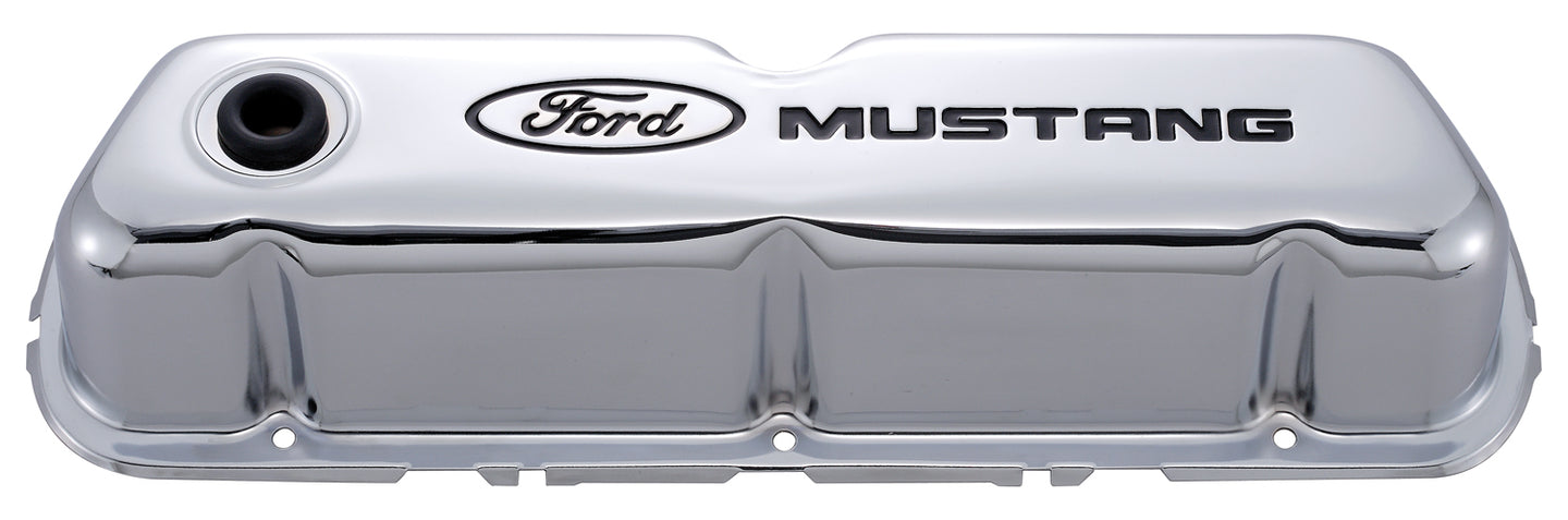 Engine Valve Covers Tall Style Steel Chrome with Mustang Logo For SB Ford Recessed Black Ford Mustang Logo Ford Racing Engine Valve Cover ProForm   