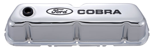 Engine Valve Covers Tall Style Steel Chrome with Cobra Logo For SB Ford Recessed Black Ford COBRA Logo Ford Racing Engine Valve Cover ProForm   