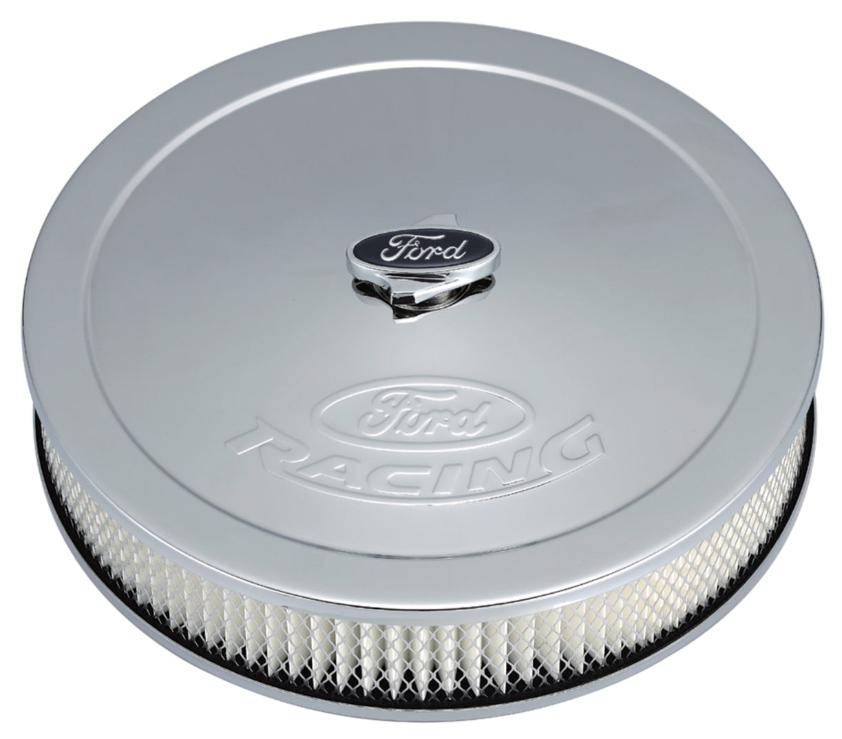 Air Cleaner Kit Chrome Embossed Ford Logo 13 Inch Diameter W/Center Nut Ford Racing Air Cleaner Assembly ProForm   