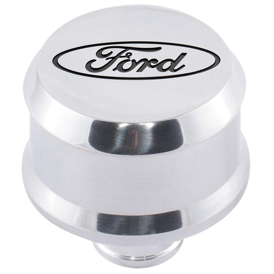 Slant-Edge Aluminum Push-In Air Breather Cap Polished Finish Recessed Black Oval Ford Emblem Proform Engine Crankcase Breather Cap ProForm   