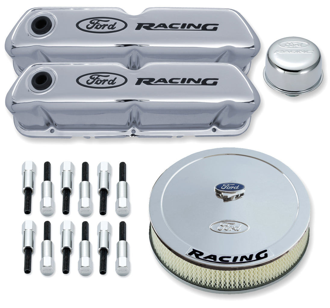 Engine Dress-Up Kit Chrome w/Black Ford Racing Logo Fits SB Ford Engines Stock Chrome Ford Racing Engine Dress Up Kit ProForm   