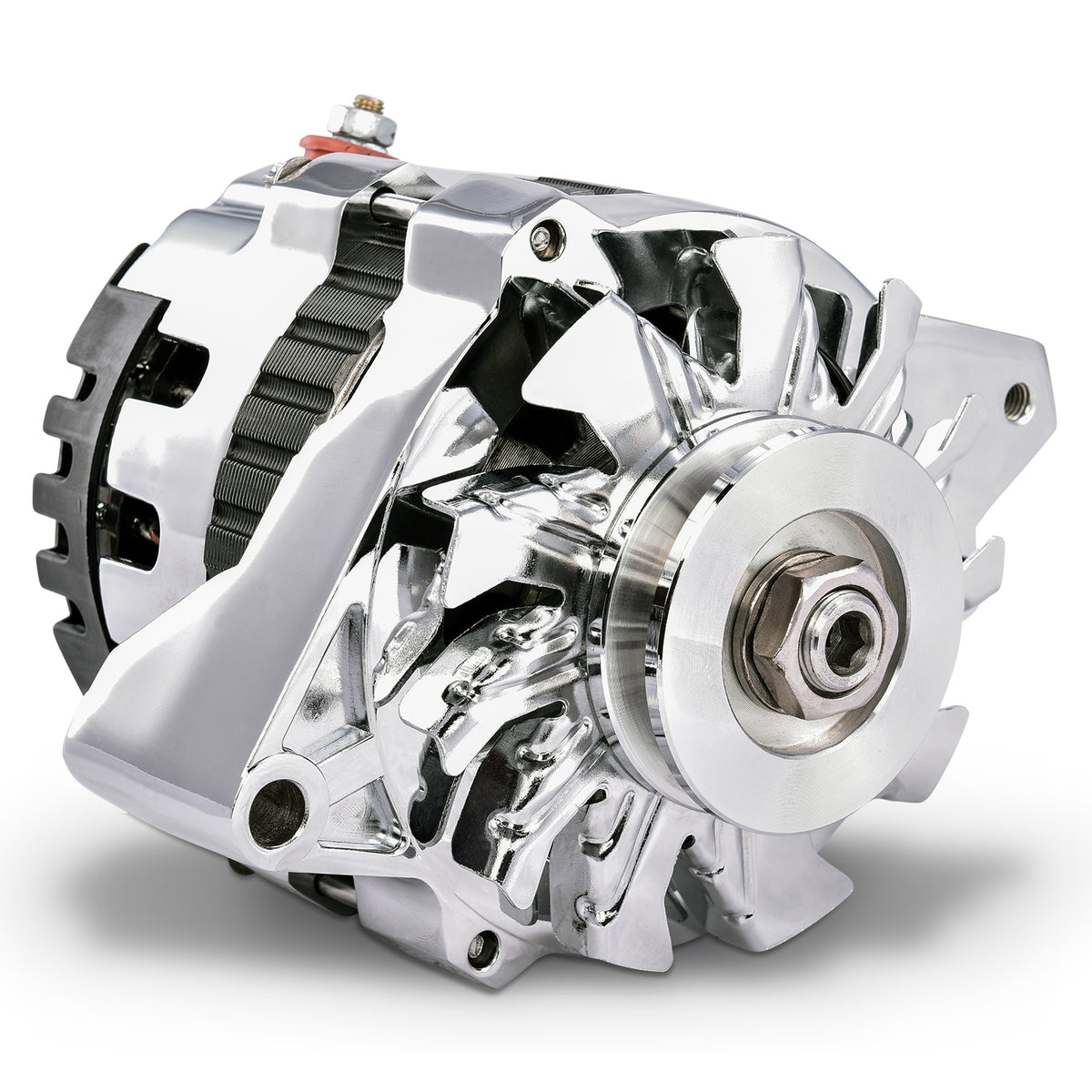 CS130 Alternator 160 AMP Chrome Finish 1-Wire GM CS130 Style w/ Internal Regulator, V-Belt Pulley, and External Fan ProForm Alternators ProForm