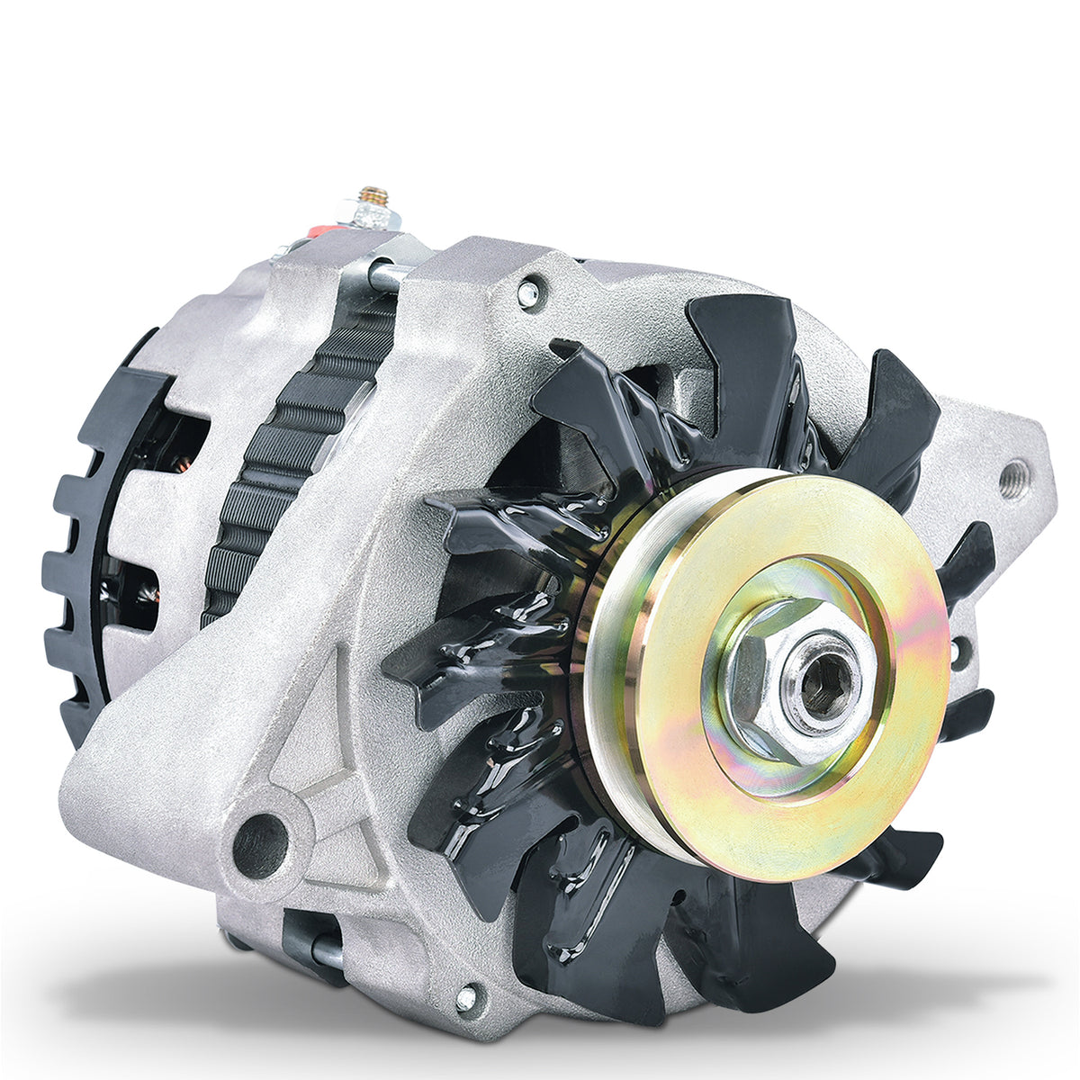 CS130 Alternator 160 AMP Satin Finish 1-Wire GM CS130 Style w/ Internal Regulator, V-Belt Pulley, and External Fan ProForm Alternators ProForm